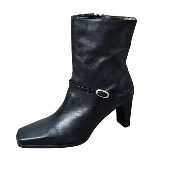 Markon Frannie Leather Buckle Square Toe Black Zip Up Heel Boot - Picture 2 of 12